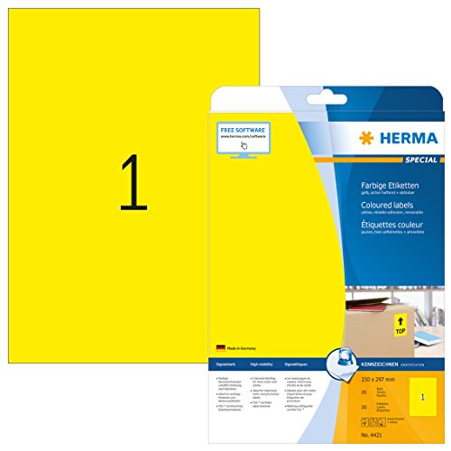 Herma 4421 - Pack de 20 etiquetas, 210 x 297 mm, color amarillo