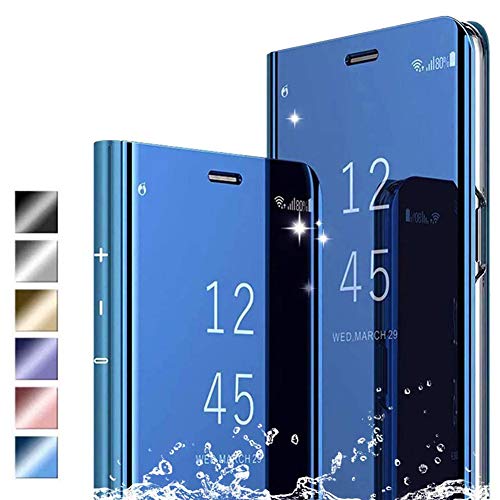 Hikissny Funda Samsung Galaxy S10+ Plus Cáscara, Ultra Delgado Inteligente Espejo Brillante Funda [Soporte Plegable] Flip Caso Clear View Case Cover para Samsung Galaxy S10+ Plus, Azul