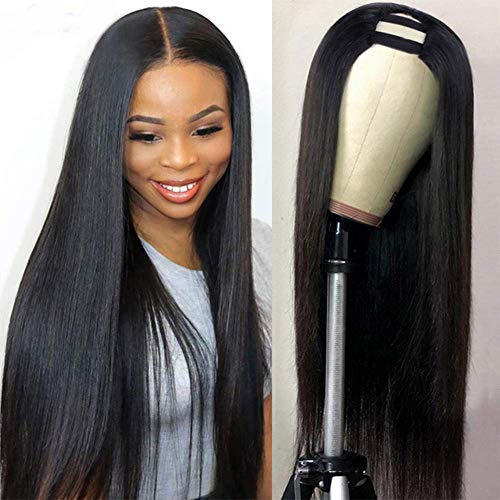 Hiyorlik Peluca de cabello lacio con parte en U Pelucas de cabello humano para mujeres negras Media peluca en forma de U con correas 150 Densidad Cabello virgen brasileño 12 pulgadas