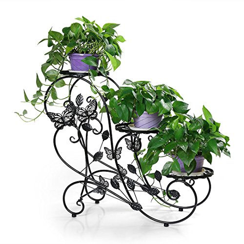 HLC Bastidor para macetas - Soporte metálico para Hierbas y Flores de 73 cm con 3 cestas,Color Negro