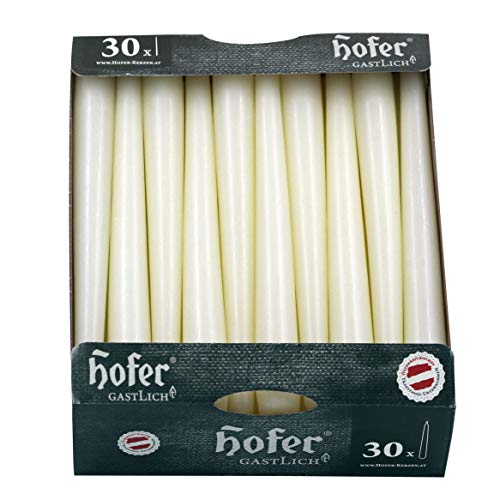 Hofer Velas para candelabros Ø 2,3 x 25 cm – 30 unidades – Velas cónicas profesionales antigoteo de color natural marfil, duración aprox. 7 h, paquete de 1 caja de 30 unidades