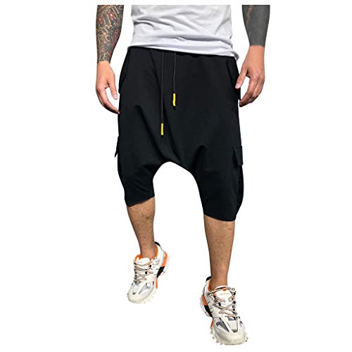 Hombre Pantalones Harem - Pantalones Cortos 3/4 Cómoda Cintura Elástica Pantalones con Cintura Moda Color Sólido Sueltas Casuales Yoga Hippies Pantalon Bombachos Yvelands(Negro,M)