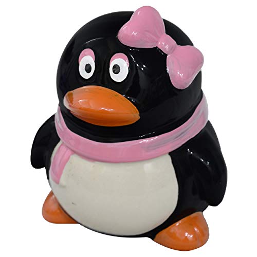 Hucha Infantil de Pingüino, realizada en Cerámica, de Color Negro y Rosa, con diseño Original (14cm X 12cm X 11cm) - Hogar y Más