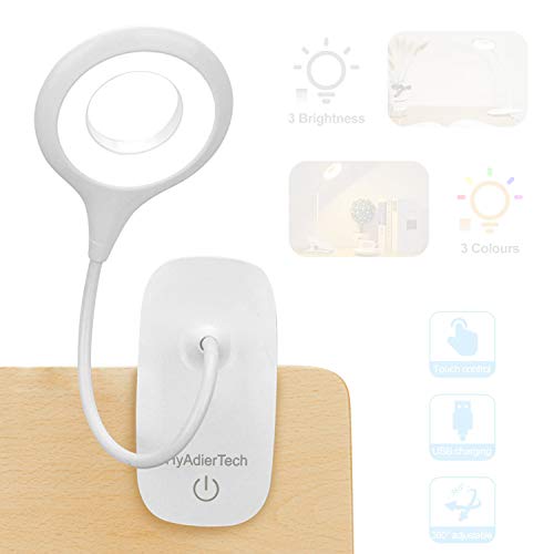 HyAdierTech Luz de Lectura con Clip, Luz de Libro LED 40 Eye Protect, Luz de Lectura de Cama de 3 Colores * 3 Brillos con Cuello Flexible, Lámpara de Lectura Recargable USB, Control Táctil