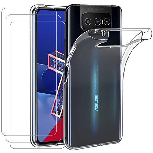 iVoler Funda para Asus Zenfone 7 ZS670KS / Zenfone 7 Pro ZS671KS + 3 Unidades Cristal Templado, Transparente TPU Silicona Anti-Choque Anti-arañazos Carcasa Caso y Vidrio Templado Protector de Pantalla