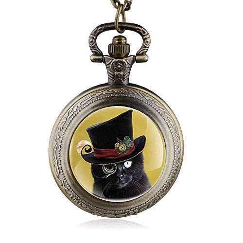 J-Love Nuevo Reloj de patrón de Gato de Corte de Bolsillo de Cuarzo Vintage con Reloj de Cadena Fob Regalo para Hombres y Mujeres