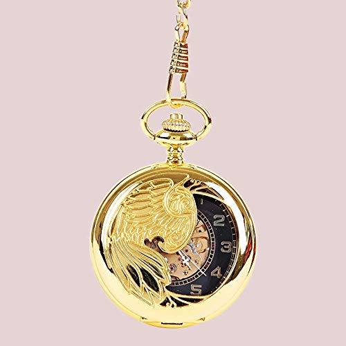 J-Love Reloj de Bolsillo Dorado Retro Perspectiva Esqueleto Dorado Caja con patrón de fénix Esfera Hueca Colgante Valor de Moda Mesa de Regalo