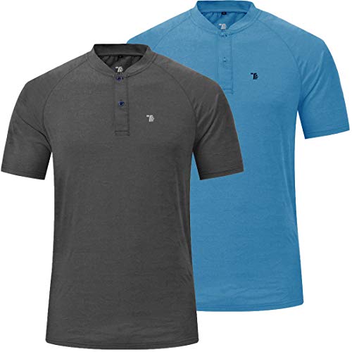 JINSHI Hombre Camisas de Manga Corta Henley Camiseta Casual Transpirable Polo Shirt 2 Pack-Gris/Azul Claro Small