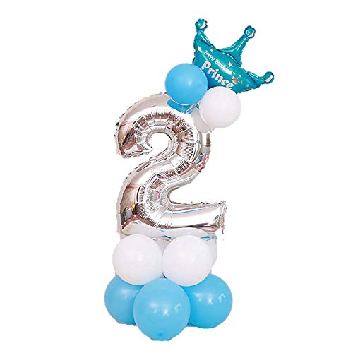 JinSu 2 Años Plata Decoracion Globos de Cumpleaños para Niño Niña, 14 PCS con Cumpleaños Globos Numero 2, Globos de Crown y Globos de Látex