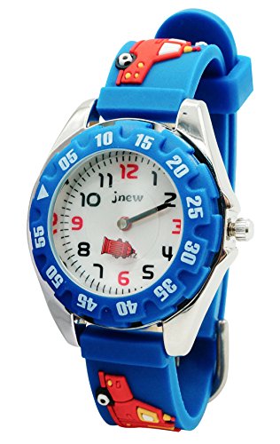 JNEW - Reloj de Cuarzo para Niños con Dibujo de Coche Reloj Deportivo Resistente al Agua Reloj Infantil para Estudiante Cute Sport Watch - Azul