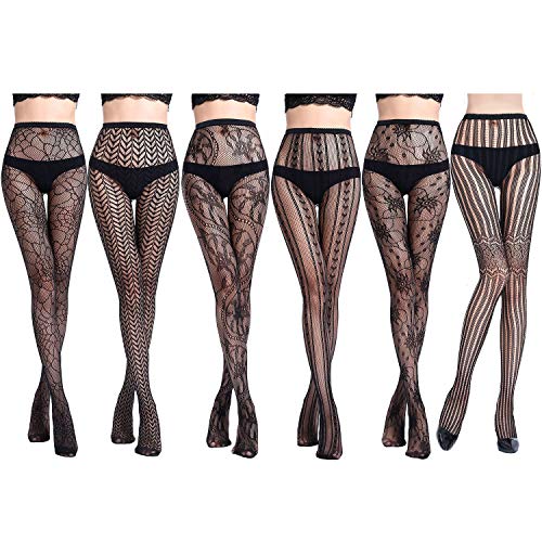 Joeyer Medias Lencería Liguero Muslo Panti Sexy Dibujos Florales Medias de Rejilla para Mujer Fishnet Tights Pantimedias - 6 Pares