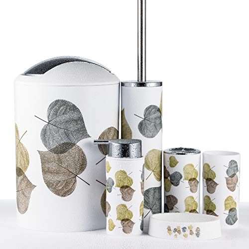 JOTOM Juego de Accesorios de Baño 6 Piezas, Cubo de Basura, Jabonera, Dispensador de jabón, Vaso, Vaso para Cepillo de Dientes y escobilla (Hoja Verde)