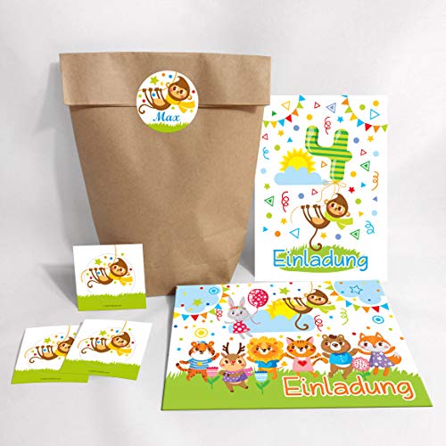Juego de 12 tarjetas de invitación con sobres, bolsas de papel para 4º cumpleaños infantil, diseño de mono (12 tarjetas + 12 sobres + 12 bolsas de fiesta (bolsas con base cruzada) + 12 pegatinas