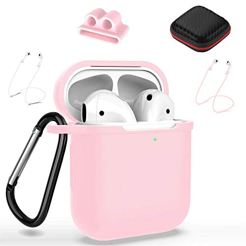 Junlic Funda de Silicona para Cápsula de AirPods, [10 In 1] Funda Protectora Compatible con Apple AirPods 1 & 2 (LED Frontal Visible & Funciona con Carga Inalámbrica) Suave AirPod Accesorios – Rose