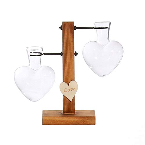 JYCRA Jarrón de cristal transparente con forma de corazón con soporte de madera retro y soporte giratorio de metal para plantas hidropónicas.