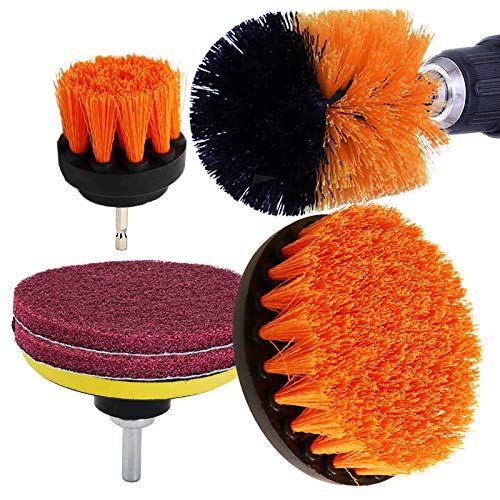 Kagni cepillo taladro - 5" 4" 3.5" y 2" 4 piezas de scrubber cepillo limpieza conjunto, naranja Cerda de rigidez media, Perfecto para limpiar coche wc cocina ducha azulejo fregadero lechada