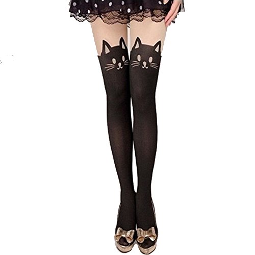 Kanggest Medias de Las Mujeres Gato Transparente Calcetines Hasta la Rodilla Pantys para Halloween Accesorios, 1 Piezas(Negras)