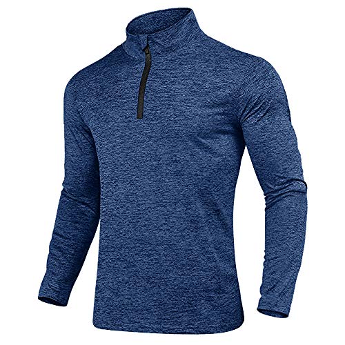 KEFITEVD Camiseta deportiva para hombre con media cremallera, transpirable, de forro polar, cuello alto, manga larga, elástica, para gimnasio, running azul XL