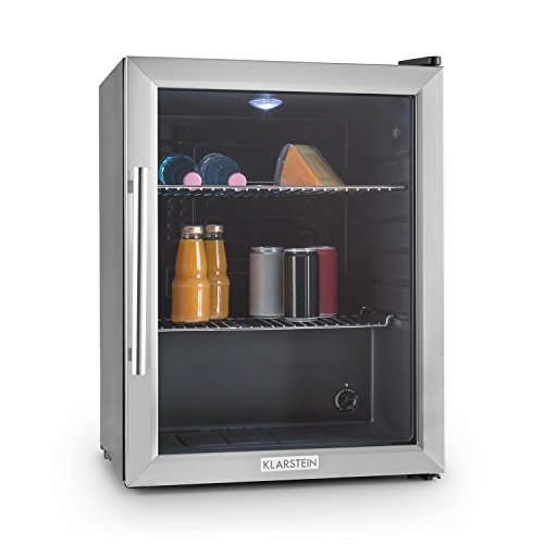 Klarstein Beersafe - Nevera con puerta acristalada, Mininevera, Minibar, Iluminación LED, Acero inoxidable, 5 niveles de frío, 42 dB, 2 rejillas metálicas extraíbles, A++, 60 litros, Negro