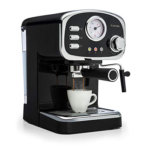 Klarstein Espressionata Gusto - Cafetera espresso, 1100 W de potencia, Presión de 15 bares, Depósito de agua de 1,25 litros, Boquilla de vapor, Termómetro, Bandeja de goteo extraíble, Negro