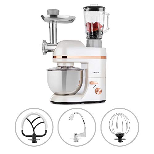 Klarstein Lucia Elegance - Robot de cocina multifunción, Potencia 1300 W, Recipiente de acero inoxidable con 5 L de capacidad, 6 niveles, 3 accesorios de mezcla, Protector contra salpicaduras, Blanco