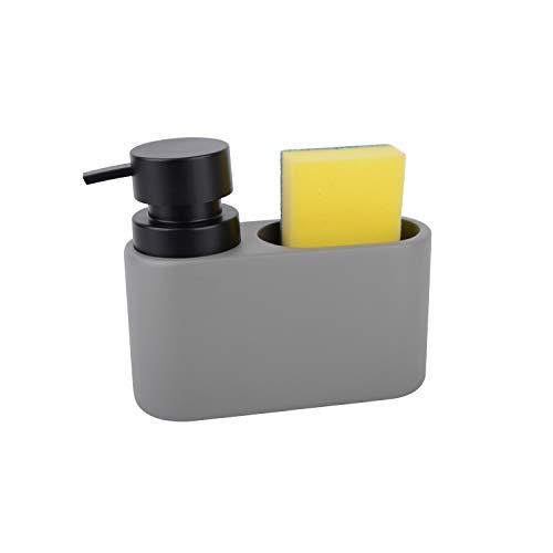 KOOK TIME - Dispensador de jabón líquido de Resina para Cocina Pump con Estropajo, Medidas: 20 x 8 x 16 cm. Capacidad: 620 ml. (Gris Oscuro)