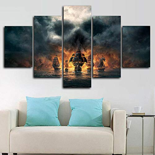 KOPASD Cuadro En Lienzo 200X100 Cm Piratas Barcos Sea Skull Fire Impresión De 5 Piezas Material Tejido No Tejido Impresión Artística Imagen Gráfica Decoracion De Pared Ciudad