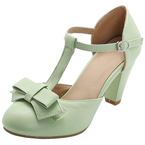 KutuKowi Mujer Sweet Tacón Ancho Zapatos Lazos T Strap Sandalias Oficina Tacón Alto Verano Zapatos Green Numero 48 Asiática