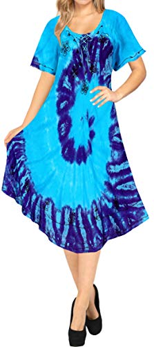 LA LEELA Vestido Corto de la Playa del Tinte del Lazo Bordado de rayón de Las Mujeres ES TAMAÑO: 42 (L) - 46 (XL) Azul_X563