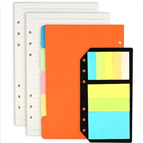 LATERN Juego de notebook A5 recargable, Paquete de 2 repuestos de A5 Inserciones Papel rayado + 5 divisores de color A5 de tema + 240 pcs Banderas de nota Pestañas Índice