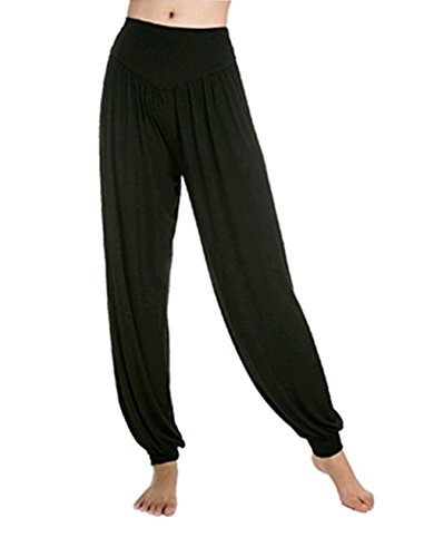 Leisial Pantalones de Yoga Algodón Suave Piernas Pantalones Anchos Sólido Color Elástico Pretina Pantalones Bombachos de Fitness Bailan Deportivo para Mujeres,Negro Talla L