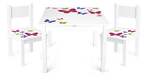 Leomark Mesa y sillas de Madera para niños, 1 Mesa y 2 Silas, Mesas y sillas Infantiles de Madera, Juego de Muebles Infantiles, para Cuarto de los niños, Motivo: En Mariposas, Altura: 49 cm