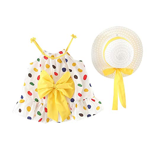 Lindo Vestido de Bebés Niña Sin Manga de Lunares de Plisada + Sombrero de Paja de Arco Trajes ┃Vestidos de Princesa Playa Impresión de Sandía┃Fossen Niña Ropa para Vacaciones, IR a la Escuela