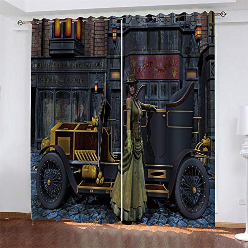 LLKKCX 2 Piezas de Cortinas Opacas Resistente al Calor y La Luz Reducción de Ruido Gris Oscuro Cortinas Opacas-3D Tren De La Vendimia impresión,para Salón Dormitorio/Oficina,2x75x166cm(Ancho x Alto)