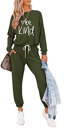 Loalirando Conjunto deportivo para mujer, camiseta de manga larga + pantalones deportivos de cintura alta con bolsillos Verde M