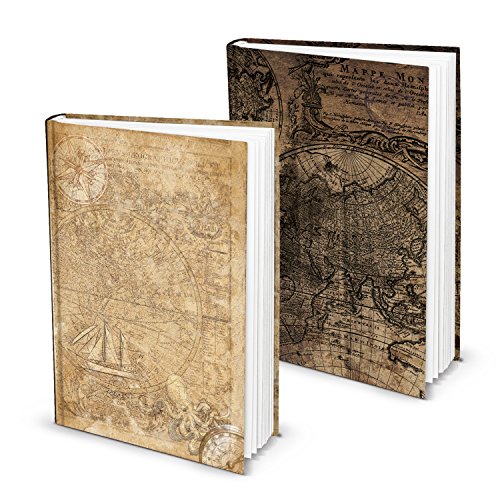 Logbuch-Verlag juego de 2 cuadernos de notas en estilo antiguo vintage rústico DIN A5 libros de tapa dura marrón beis con motivo mapamundo - páginas en blanco