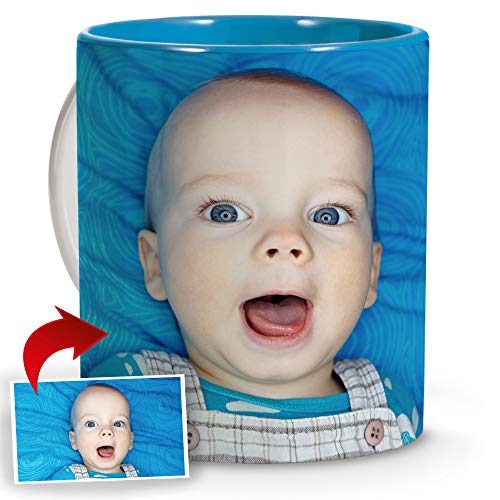 LolaPix Tazas Desayuno. Regalos Personalizados con Foto. Taza Personalizada de cerámica. Taza con Interior de Color Azul Claro.