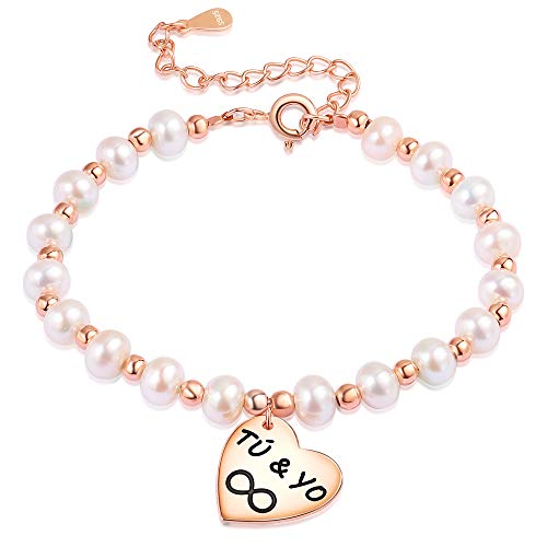 LOVORDS Pulsera Mujer Grabado Plata de Ley 925 Corazón Infinito Perlas Cultivadas Blancas de Agua Dulce Regalo Amor Esposa Novia