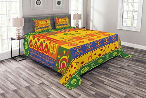 Lunarable Colcha africana con diseño de telón de fondo temático detallado, acolchado decorativo de 3 piezas con 2 fundas de almohada, tamaño king, color naranja y verde