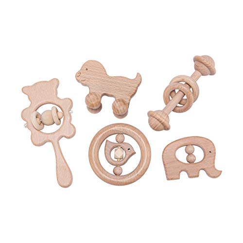 Mamimami Home 5PC Bebé mordedor de madera juguetes madera de haya animal elefante pájaro en forma de anillos dentición sonajero jugar gimnasio juguetes montessori ducha regalo sonajeros Bebé