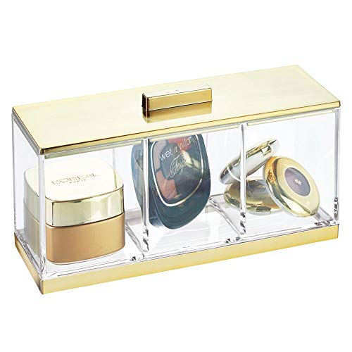 mDesign Caja de maquillaje pequeña con tapa – Perfecto organizador de cosméticos con 3 compartimentos – Prácticas cajas plásticas para guardar labiales, aplicadores, etc. – transparente y latón
