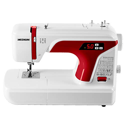 MEDION MD 16661 - Máquina de coser digital, ojal automático, 40 vatios, pantalla LED, 50 patrones de puntada diferentes, luz de costura LED, accesorios extensos, Blanco