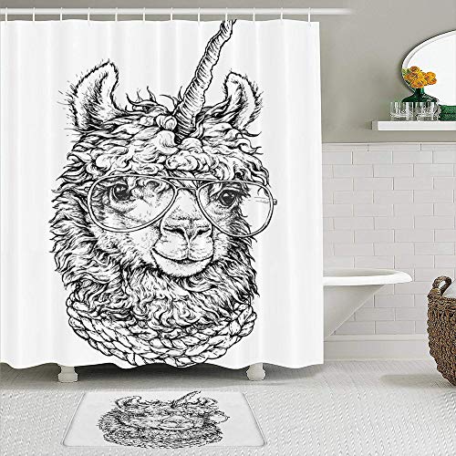 MEJX Juego de Cortinas de Ducha de 2 Piezas con Alfombra de baño Antideslizante,Lápiz Alpaca Lama Llamacorn Lentes Hipster Dibujo Animales Fauna Silvestre América Divertido Antiguo Negro