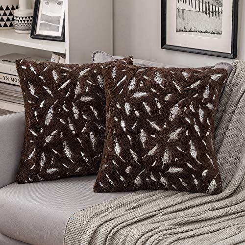 MIULEE 2 Piezas Funda de Cojines Plumas Estampadas Plateadas Funda de Almohada Suave Cómoda para Sofá Cama Decorativas Modernas Preciosas para Sillas Dormitorio Habitacion 45x45cm Café