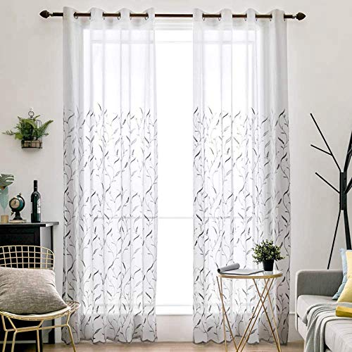 MIULEE 2 Unidades Cortinas Bordado Translucida de Dormitorio Moderno Ventana Visillos Rayas Salon Paneles con Ojales Plateados para Sala Cuarto Comedor Salon Cocina Habitación 140x225cm Gris