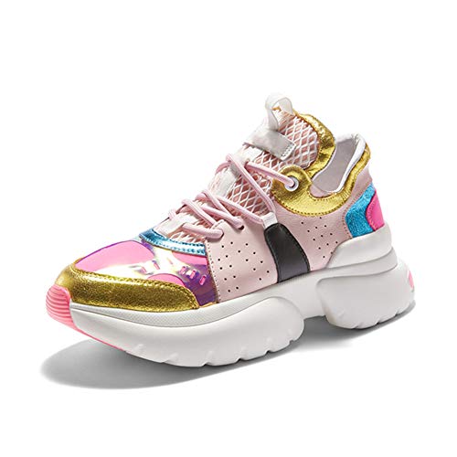 MNSSRN-MM Zapatillas de deporte de colores a juego, nuevas zapatillas de mujer con cordones de moda con personalidad de otoño, zapatos de mujer antideslizantes de PU de suela gruesa,Rosado,38