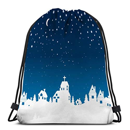 Mochila de Cuerdas Bolsa de Cuerda invierno sobre arte del pueblo paisaje navideño pequeño 36X43CM