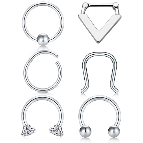 MODRSA Acero quirúrgico 316L Septum Piercing Nariz Anillo Cartilage Oreja Tragus Retainer Piercing 6 Piezas - Argent