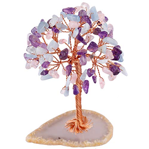 Mookaitedecor amatista / cuarzo rosa/acuamarina árbol de la vida decorado con piedras y cristales y base en trama de ágata geodio natural curativo decorativo