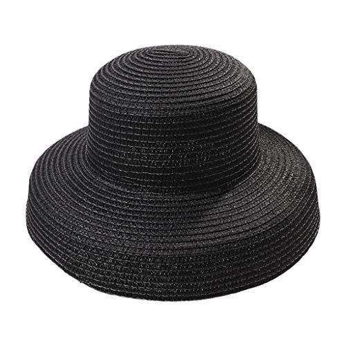 MYhose Sombrero para el Sol para Mujer Vintage Hepburn Sombrero para el Sol de Paja Sombrero de Playa de Vacaciones de ala Ancha en Forma de Campana Negro
